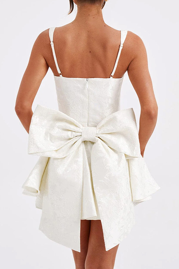 Jacquard Fabric Halter Back Elegant Bow Slim Fit Mini Dress-consonak