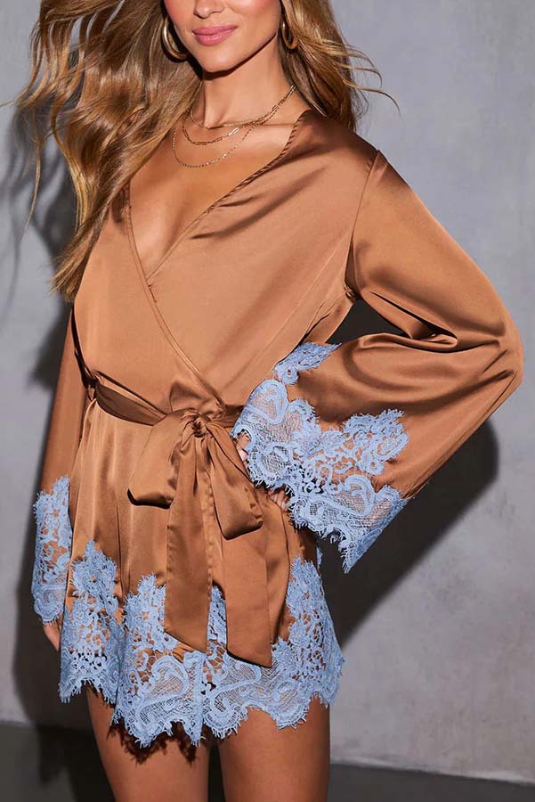 Joyful Bond Satin Lace Trim Contrast Color Bell Sleeve Tie-up Kimono Mini Dress-consonak