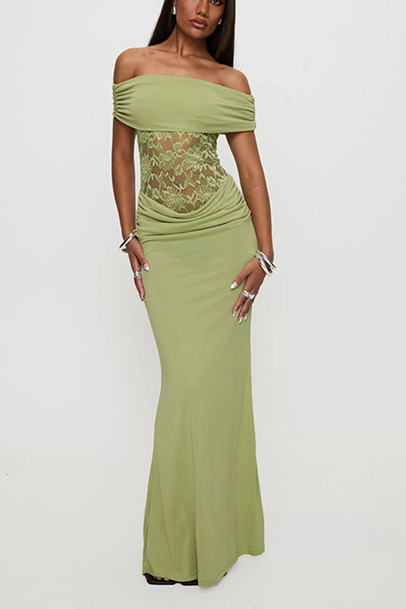 Women's Spring/Summer New Solid Color Off Shoulder Splicing Lace Extra Long Slimming Dress-consonak