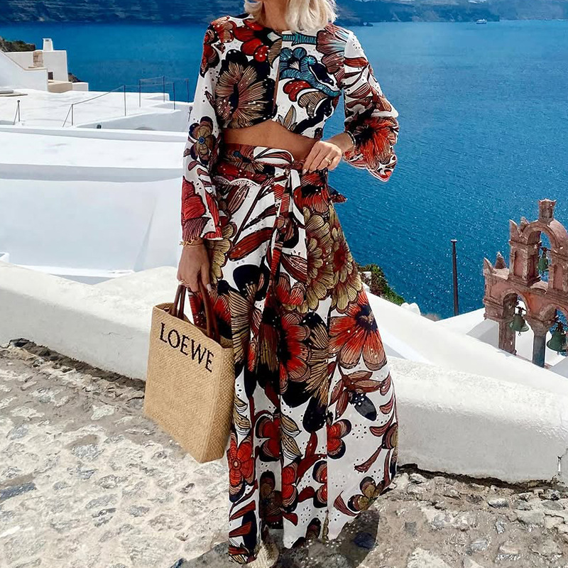 Hollow lace unique printed bell shaped sleeve crop top and lace up long skirt set-consonak