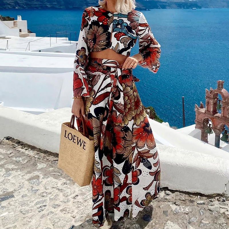 Hollow lace unique printed bell shaped sleeve crop top and lace up long skirt set-consonak