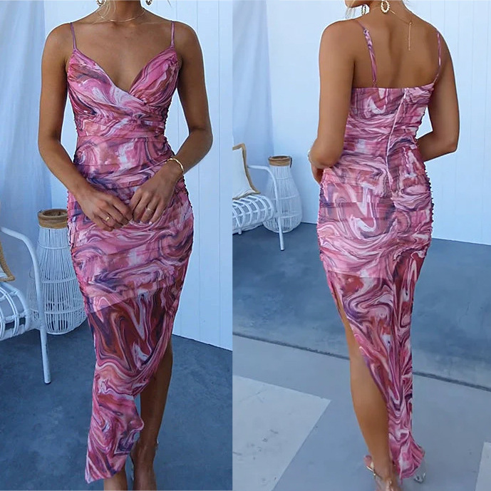 Spring and summer new sling fishtail print dress INS casual backless zipper holiday party women's dress-consonak