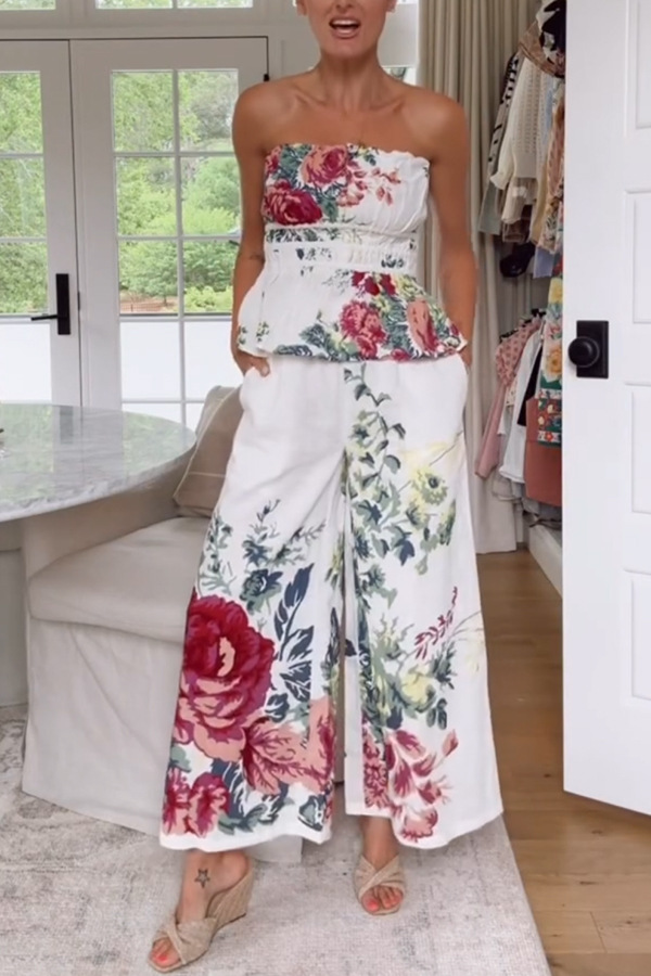 In To The Summer Linen Blend Floral Print Elastic Bandeau and Elastic Waist Pocket Loose Pants Set-consonak