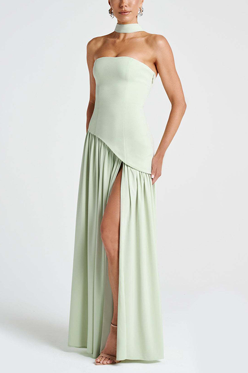 consonak Strapless Back Lace-up High Slit Splice Maxi Dress-consonak