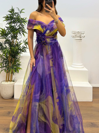 Fairy Flower Feather Pendant Elegant Fallen Fold Off Shoulder Party Split Design Long Dress-consonak