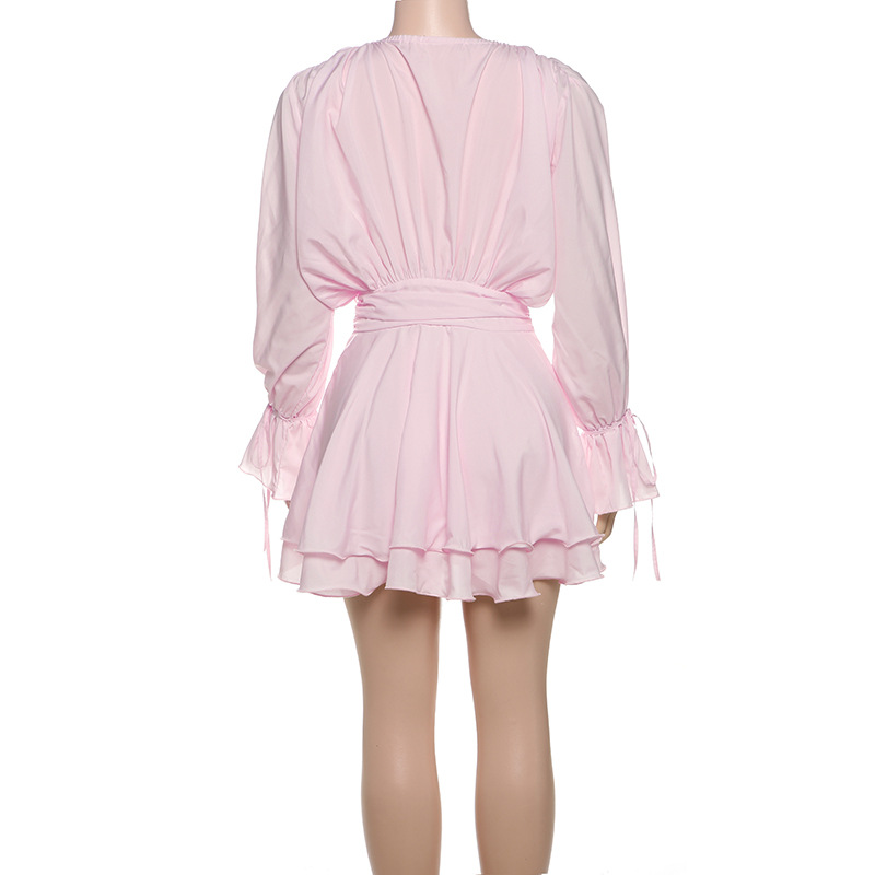 Solid Color Long Sleeve V-Neck Lace-Up Elegant Flower Decorated Mini Dress | Consonak