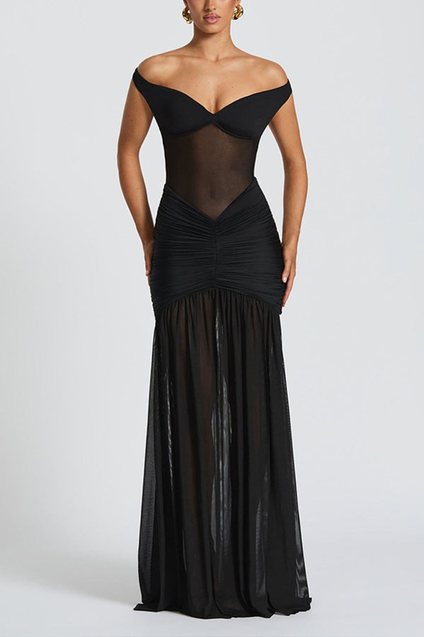 Raise The Level Mesh Off Shoulder Ruched Scarf Stretch Maxi Dress-consonak