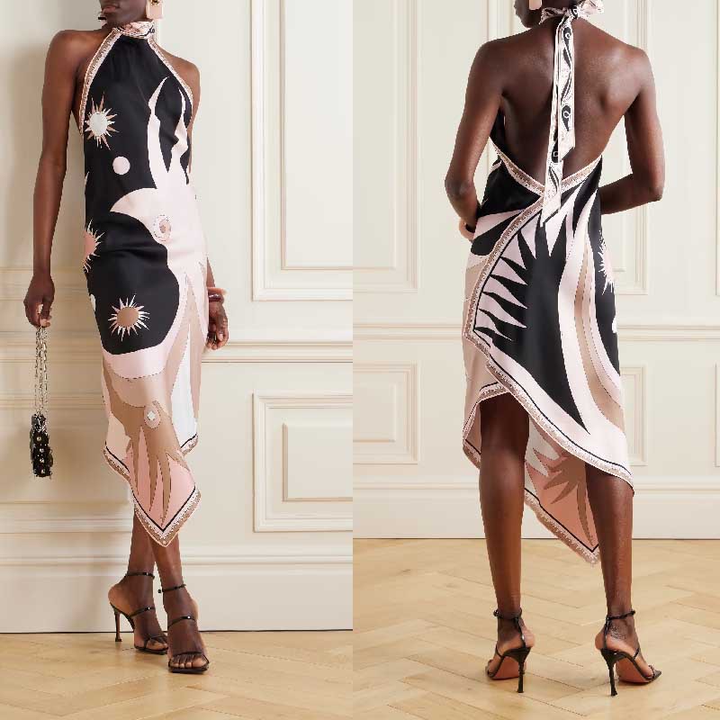 Satin Unique Print Halter Neck Backless Irregular Vacation Midi Dress-consonak