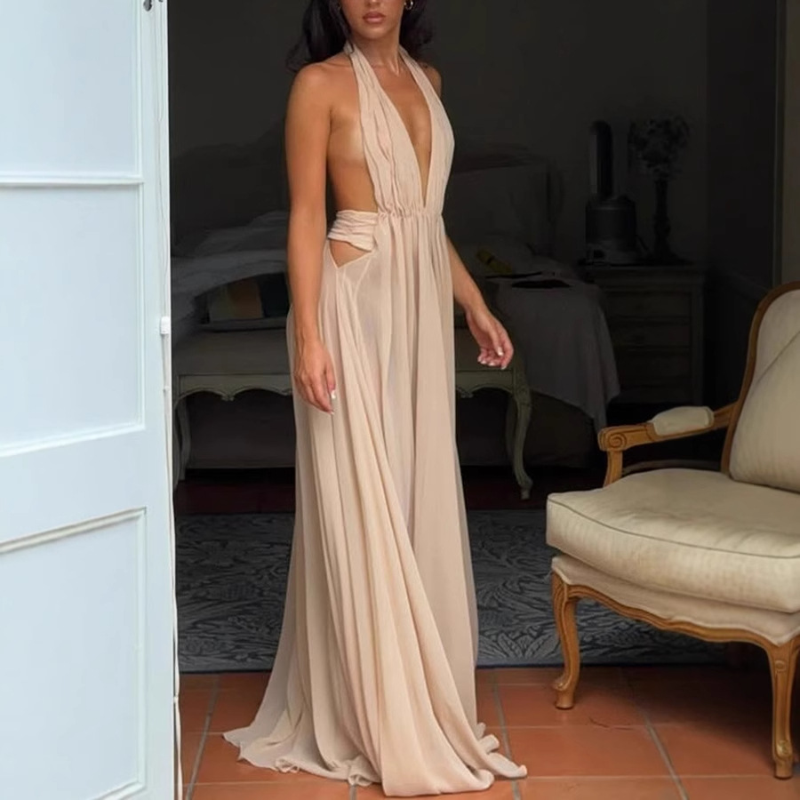 Ethereal Moment Tulle Cutout Ruched Waist Backless Halter Maxi Dress-consonak