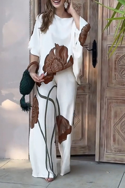 Floral Print Batwing Sleeves Loose-fitting Top and Relaxed Pocket Straight Pants Set-consonak