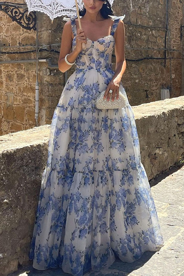 Fairytale Itself Organza Floral Print Tie Strap Maxi Dress | Consonak