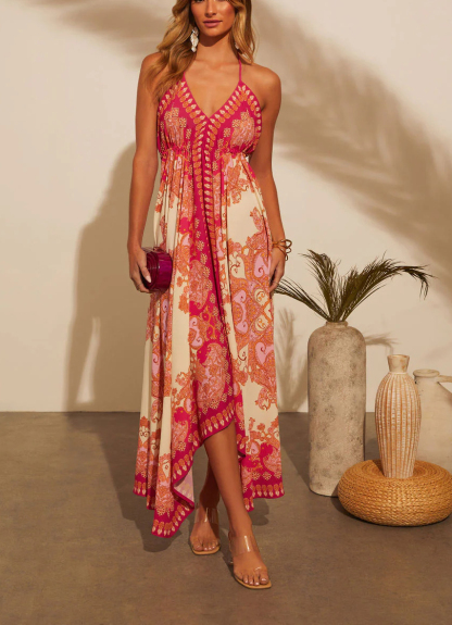 Ladies Strapless V-neck Women's Beach Halter Backless Printed Fairy Long Temperament Dresses Swing Dresses-consonak