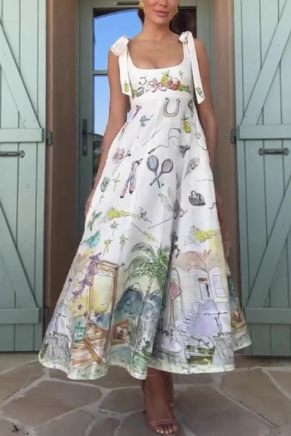 Euro Summer View Linen Blend Unique Print Tie-up Straps Pocket Midi Dress-consonak