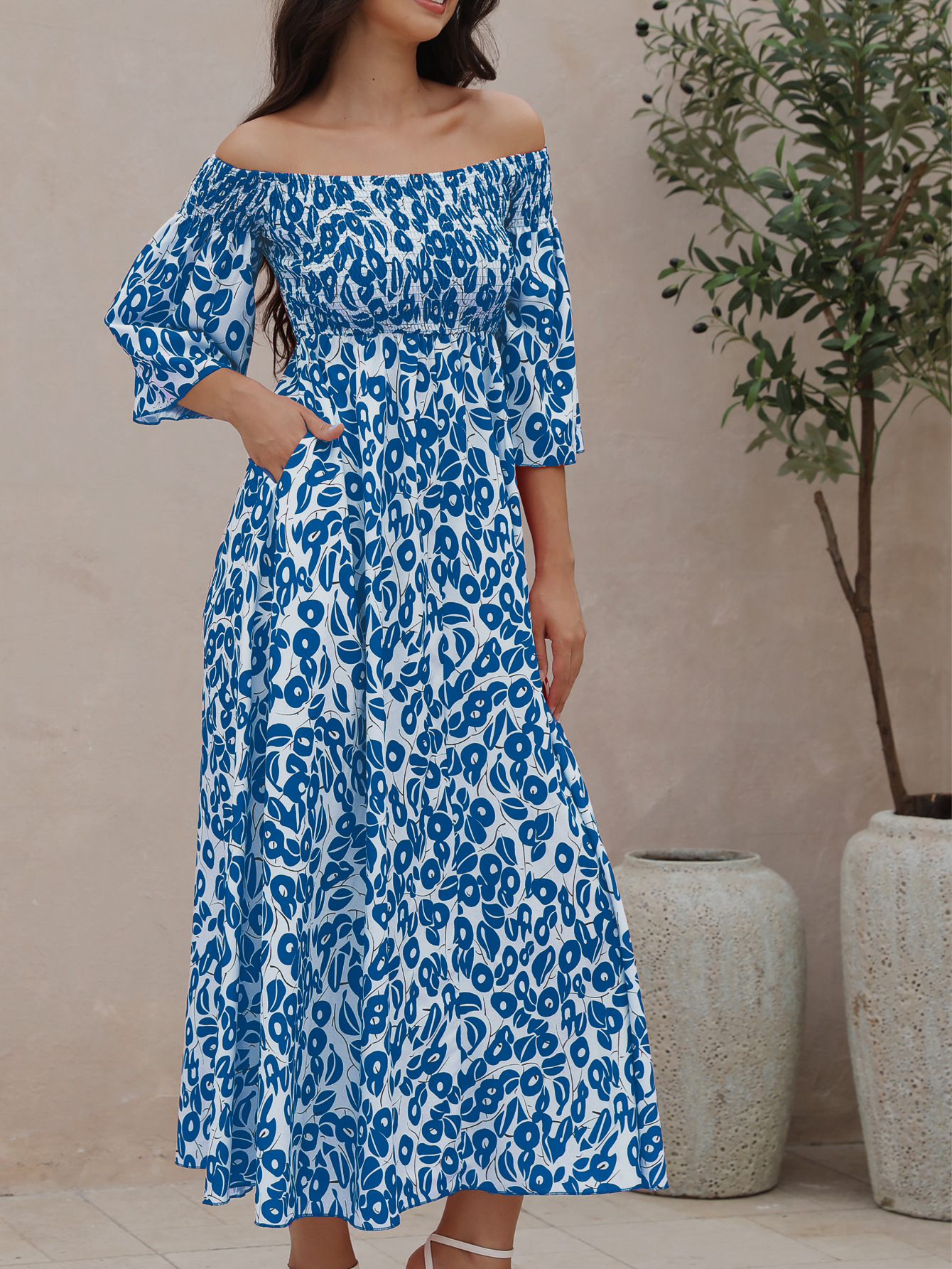 Ladies' Vacation Flower Street Elegant Printed Off Shoulder Waist Pocket Long Dress | Consonak