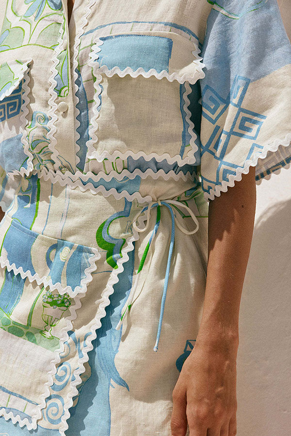 Pierre Linen Blend Ric Rac Trims Unique Print Short Sleeve Shirt and Wrap Tie-up Mini Skirt Set-Consonak