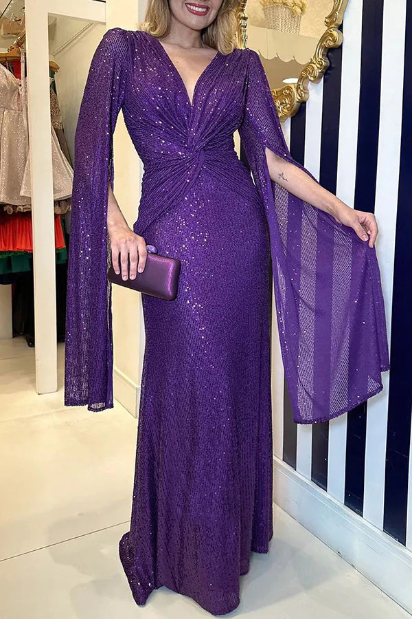 Shine Brighter Sequin Cape Sleeve Cross Waist Evening Maxi Dress | Consonak
