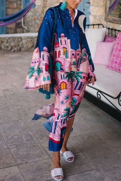 Seaside Stroll Satin Unique Print Button Up Long Sleeve Slit Kaftan Midi Dress-consonak