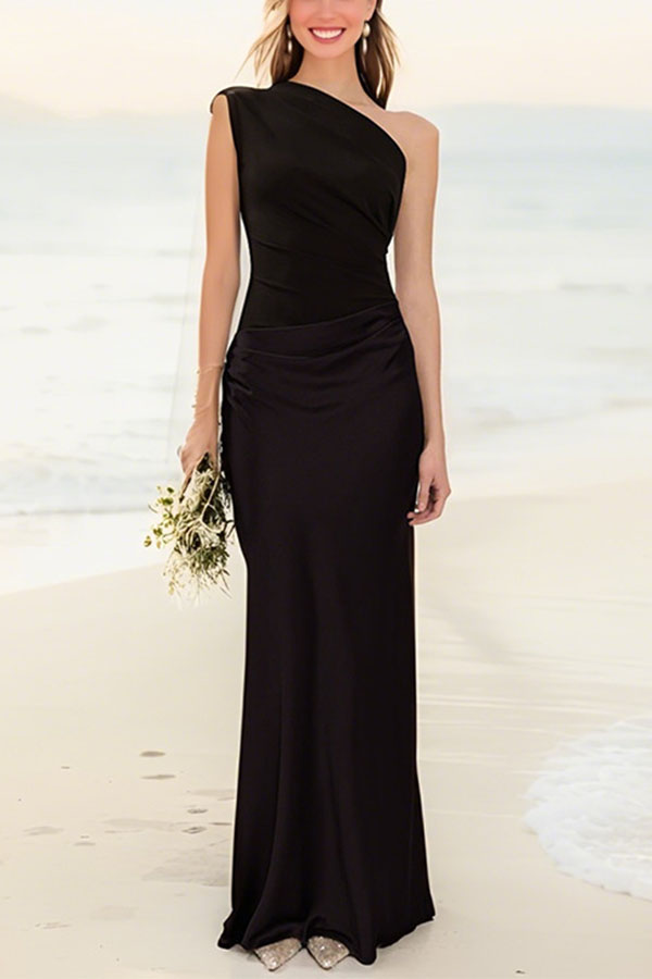 Kaia Satin Contrast Fabric Patchwork One Shoulder Ruched Maxi Dress-consonak