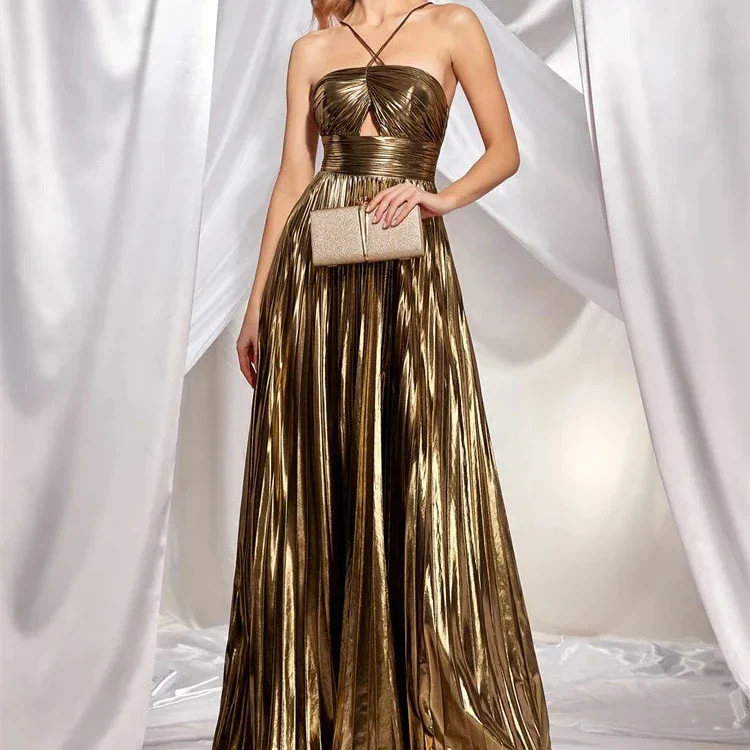 Queen style metal fabric suspender strapless sexy party hollow out elegant pleated long skirt-consonak