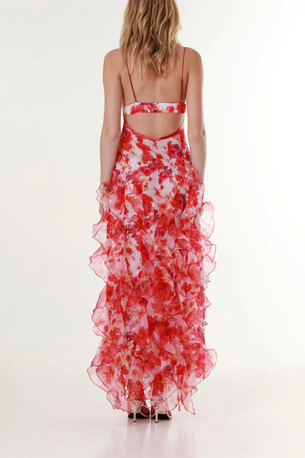 Millie | Floral Ruffle Long Skirt Women's Fashion Chiffon Printed Fairy Style Long Style Evening Dress Coupon-consonak