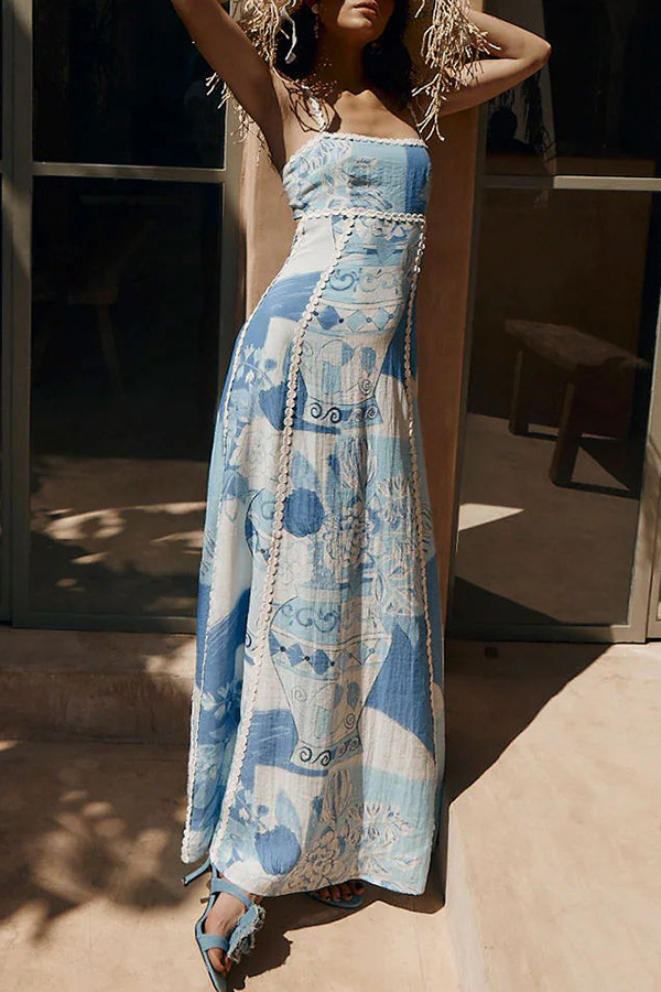 Terazza Ric Rac Linen Trims Unique Print Back Tie-up Slip Flared Linen Maxi Dress | Consonak