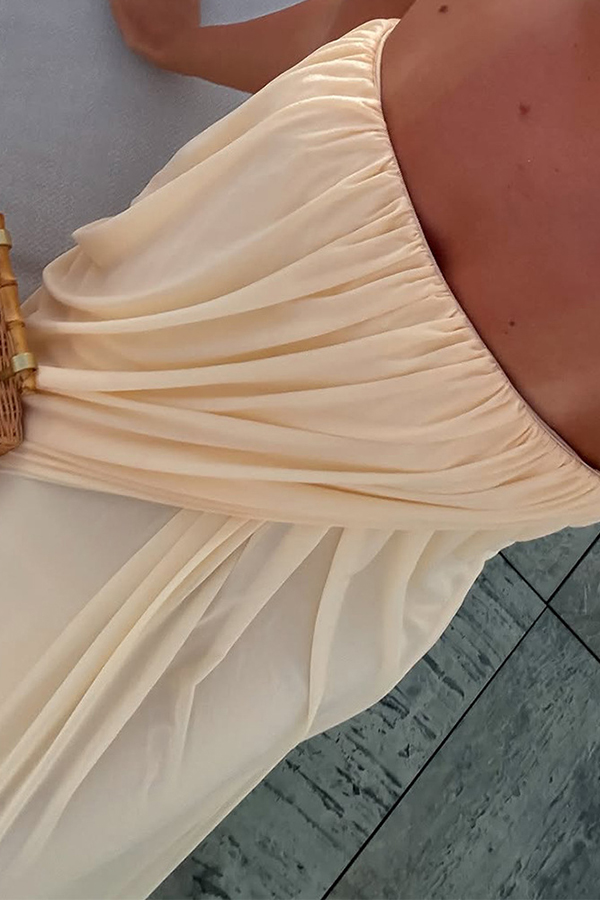 Solid Color Sleeveless Off-shoulder Draped Loose-fitting Holiday Maxi Dress-consonak