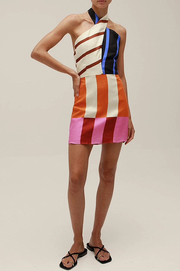 Jeniah Linen Blend Color Block Print Cross Halter Tie-up Loose Mini Dress | Consonak