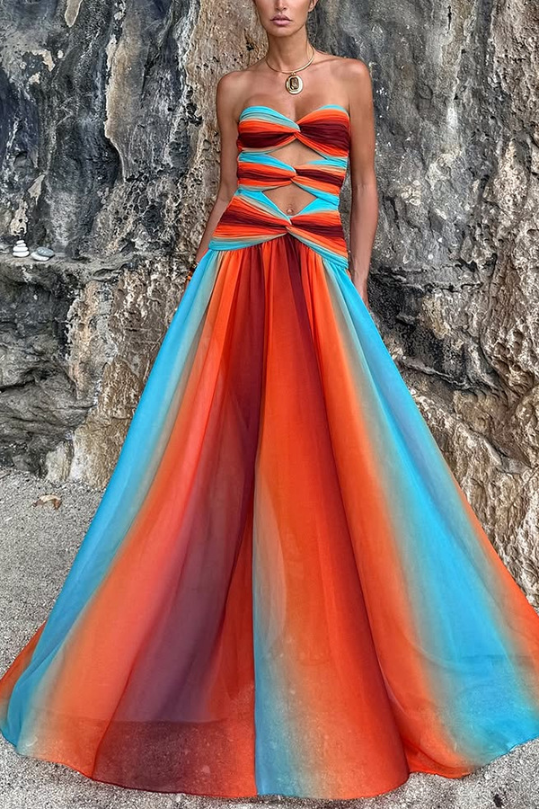 Ladies' Sunset Sexy strapless Fashion Tassel Printed Twisted Hollow Off Shoulder Vacation Long Dress-Consonak
