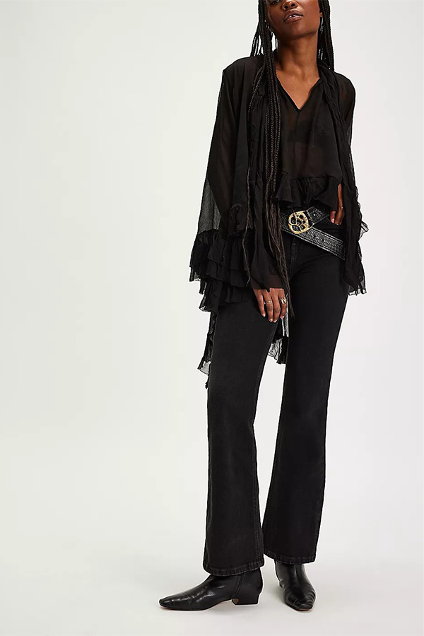 Flowy See-through Ruffle Tie-up Neck Bell Sleeve High-low Hem Cape Shirt-consonak