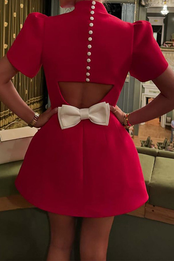 Sweet Moment Slit Short Sleeve Backless Removable Satin Bow Mini Dress-consonak