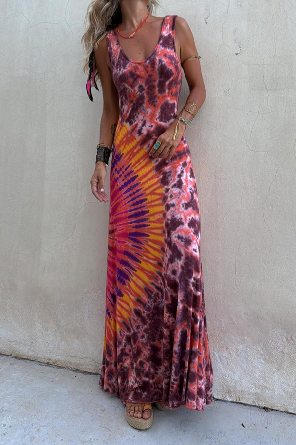 Boho Happiness Tie-dye Print Back Lace-up Stretch Maxi Dress-consonak