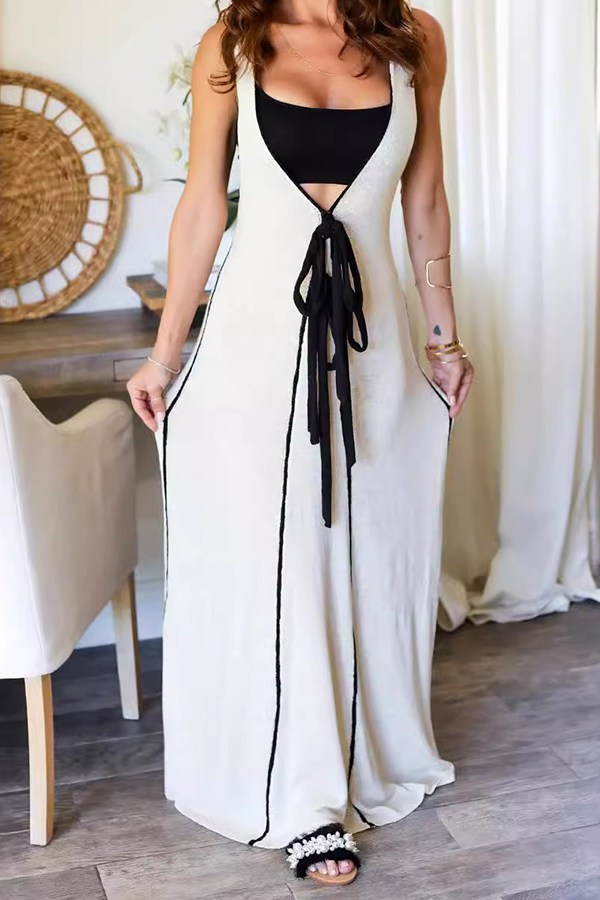 Boat Date Knit Contrast Self Tie Flowy Oversized Maxi Dress-consonak