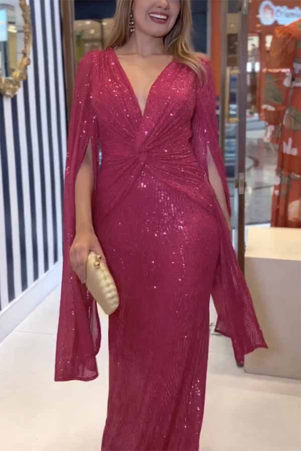 Shine Brighter Sequin Cape Sleeve Cross Waist Evening Maxi Dress | Consonak