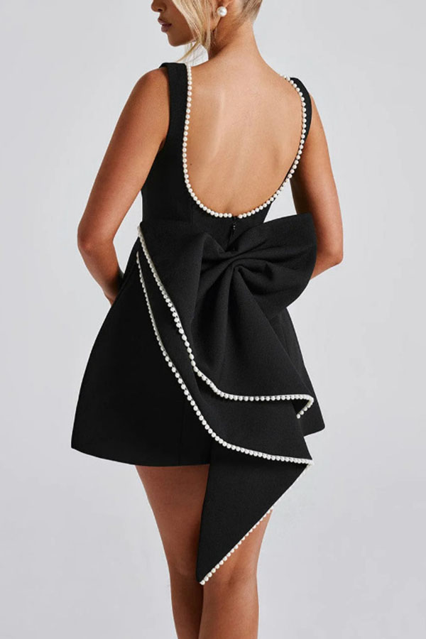 Stylish Pearl-embellished Large Bow Slim-fit Mini Dress-consonak