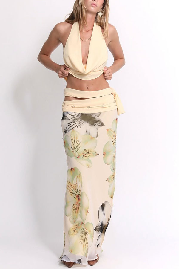 Beautiful Statement Cowl Neck Halter Tank and Floral Ruched Waist Slit Maxi Skirt Set-consonak