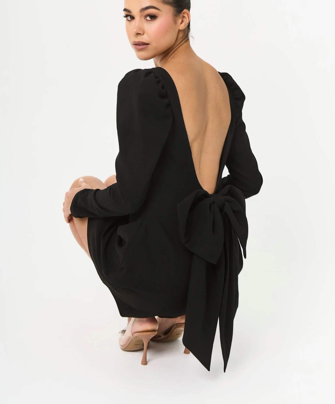 Women's party dress fluffy shoulder long sleeved back bow detail mini dress-consonak