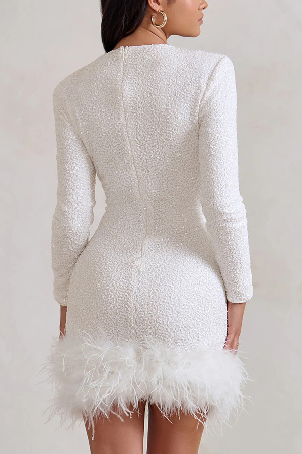 Party Must-have Sequin Long Sleeve Feather Trim Stretch Mini Dress | Consonak