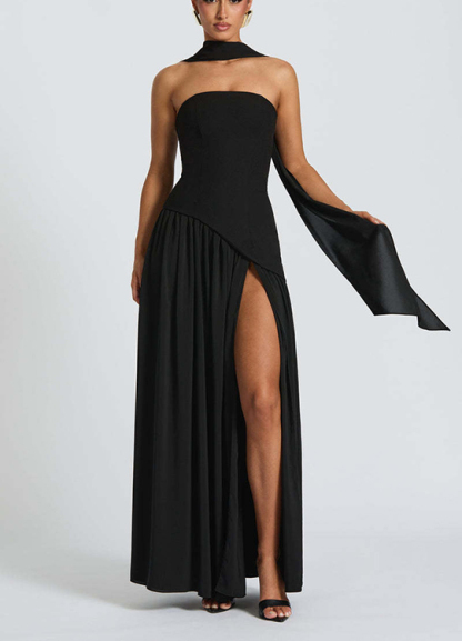consonak Strapless Back Lace-up High Slit Splice Maxi Dress-consonak