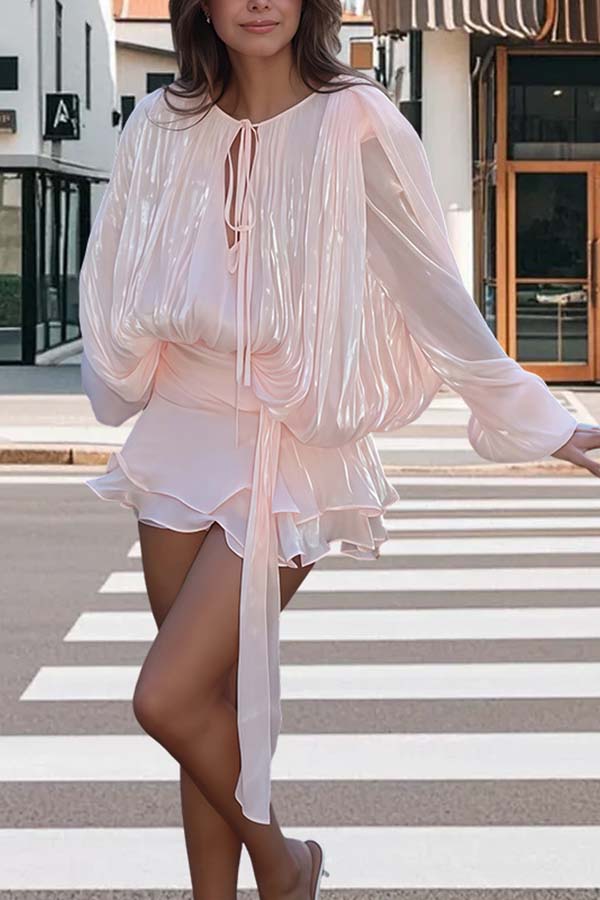 Ninah Glitter Fabric Pleated Balloon Sleeve Tiered Ruffle Hem Mini Dress-consonak