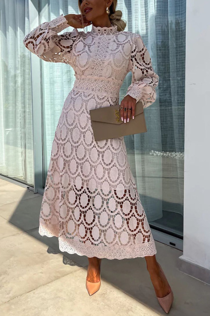 French party sensual party elegant crochet lace lantern sleeves party MIDI skirt -consonak