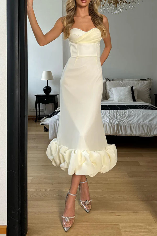 Dreamy and Romantic Ruched Bust Cloud Shape Hem Slip Midi Dress-consonak