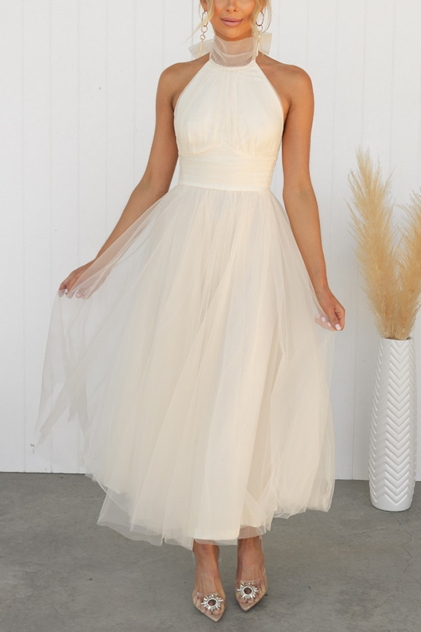 Fairy Vibes Tulle Gathered Detail Halter Maxi Dress-consonak