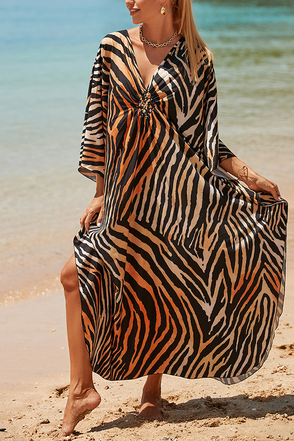 Simple Unique Printed Pleated Front Slit Cover Up-consonak