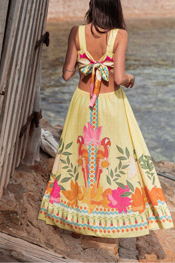 Resort Style Unique Print Sexy Square Neck Backless Waist Maxi Dress-consonak