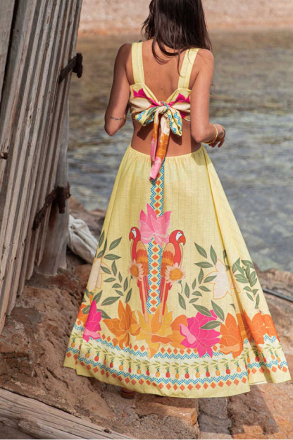 Resort Style Unique Print Sexy Square Neck Backless Waist Maxi Dress-consonak