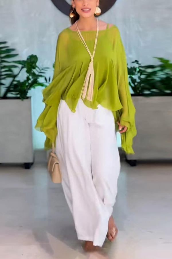 Romantic Journey Chiffon Ruffle Batwing Sleeve Top and Elastic Waist Pocket Loose Pants Set-consonak