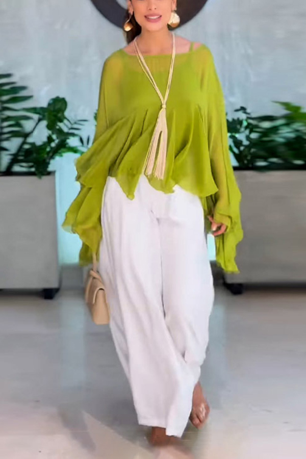 Romantic Journey Chiffon Ruffle Batwing Sleeve Top and Elastic Waist Pocket Loose Pants Set-consonak