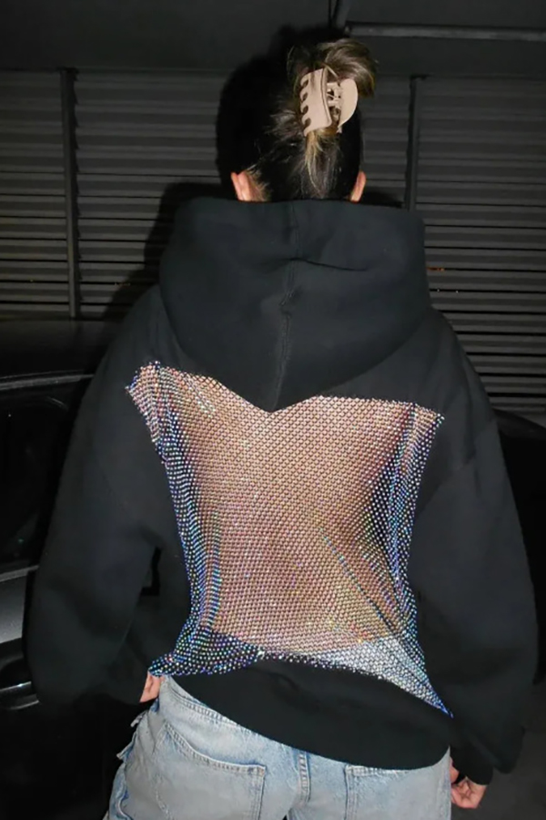 Fashionable Shiny Mesh Hollow Back Loose Long-sleeved Hooded Sweatshirt-consonak