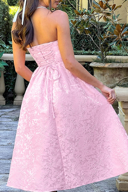 Jacquard Fabric Strapless Open Back Elegant Slim Midi Dress-consonak