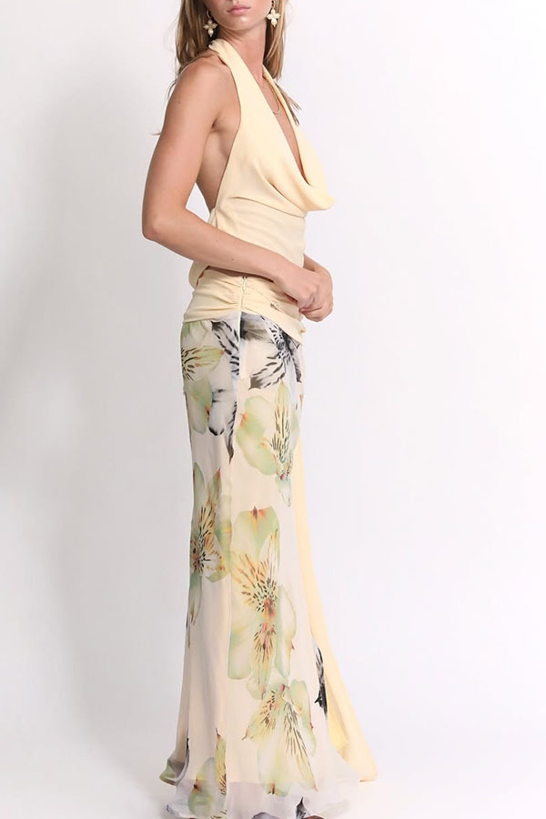 Beautiful Statement Cowl Neck Halter Tank and Floral Ruched Waist Slit Maxi Skirt Set-consonak